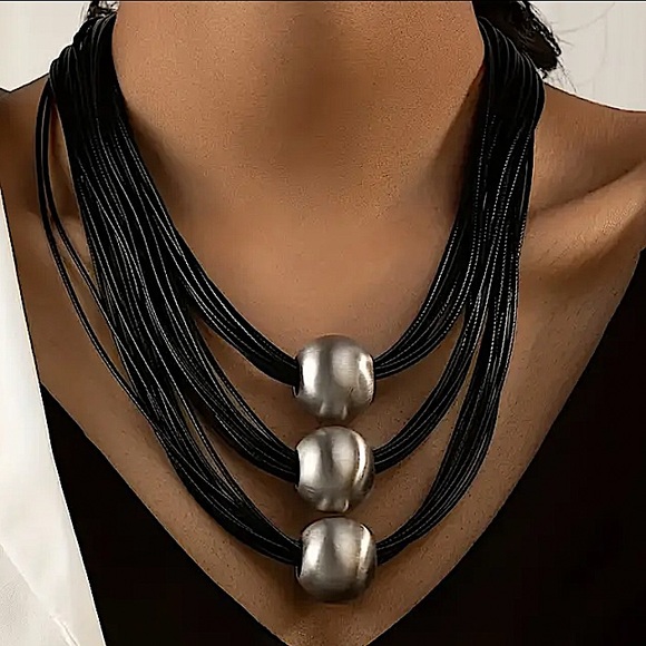 Multilayer Silver Black Ball Statement Necklace - Picture 2 of 9
